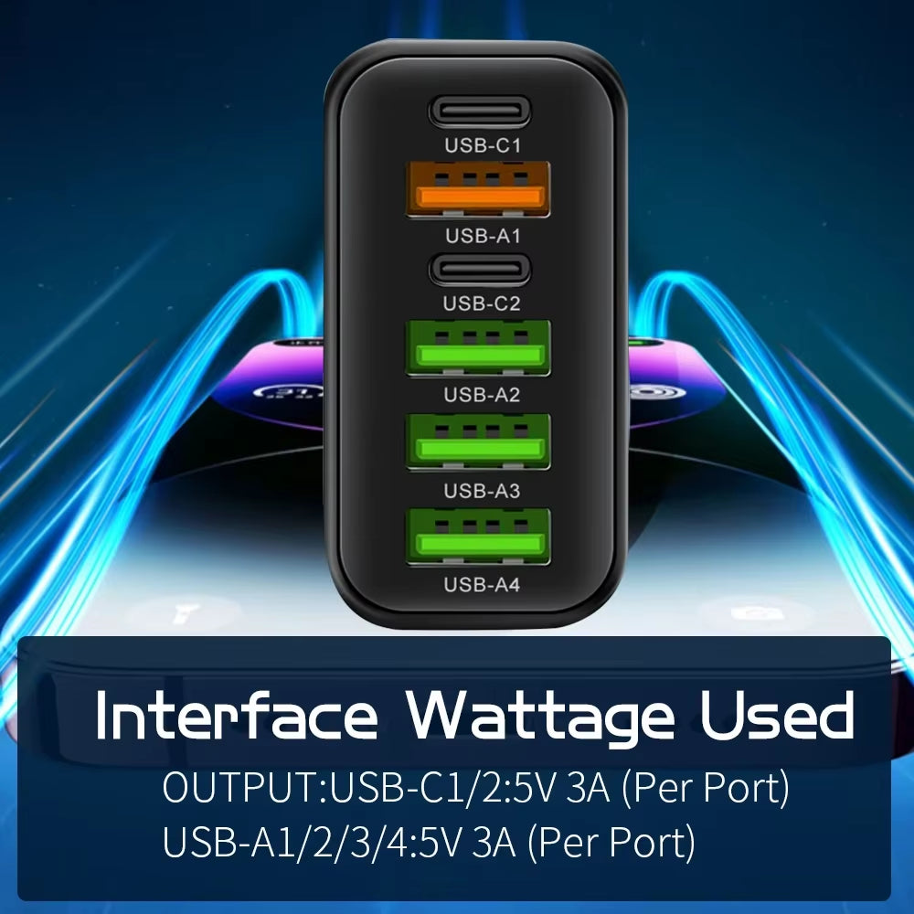 65W USB C Charger PD Fast Charging Mobile Cell Phone Type C Multiple 6 Ports Wall Adapter for Iphone 15 16 Xiaomi Huawei Samsung