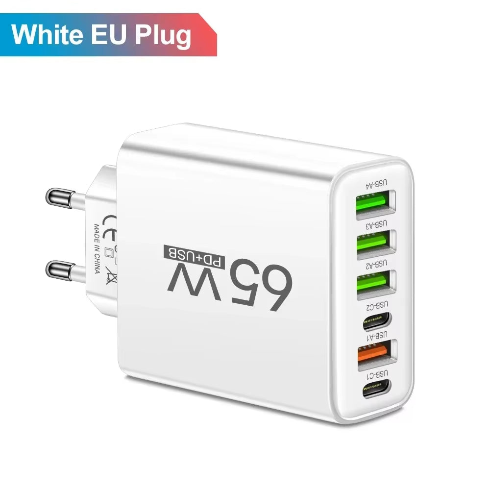 65W USB C Charger PD Fast Charging Mobile Cell Phone Type C Multiple 6 Ports Wall Adapter for Iphone 15 16 Xiaomi Huawei Samsung
